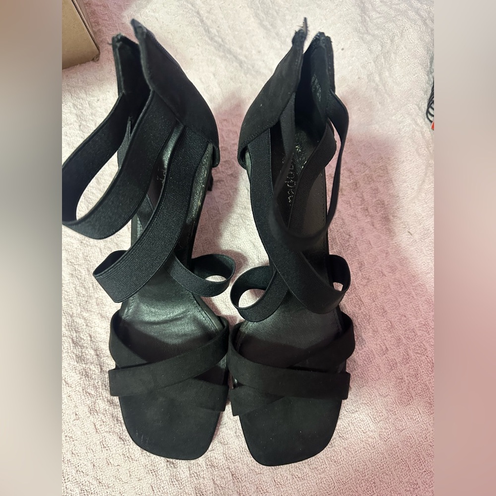 Black suede strap heels